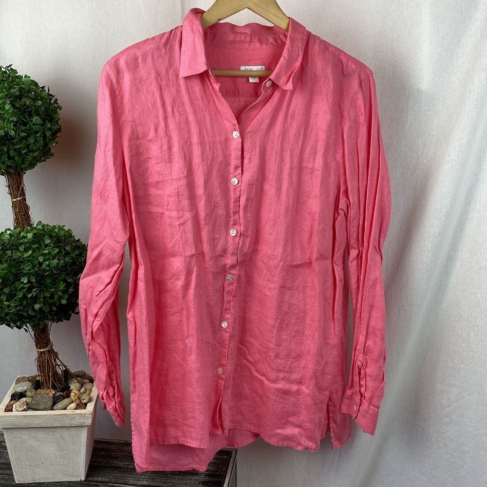 J Jill 100% Linen Pink Essential Long Sleeve Button Front Blouse Top L - Picture 2 of 5